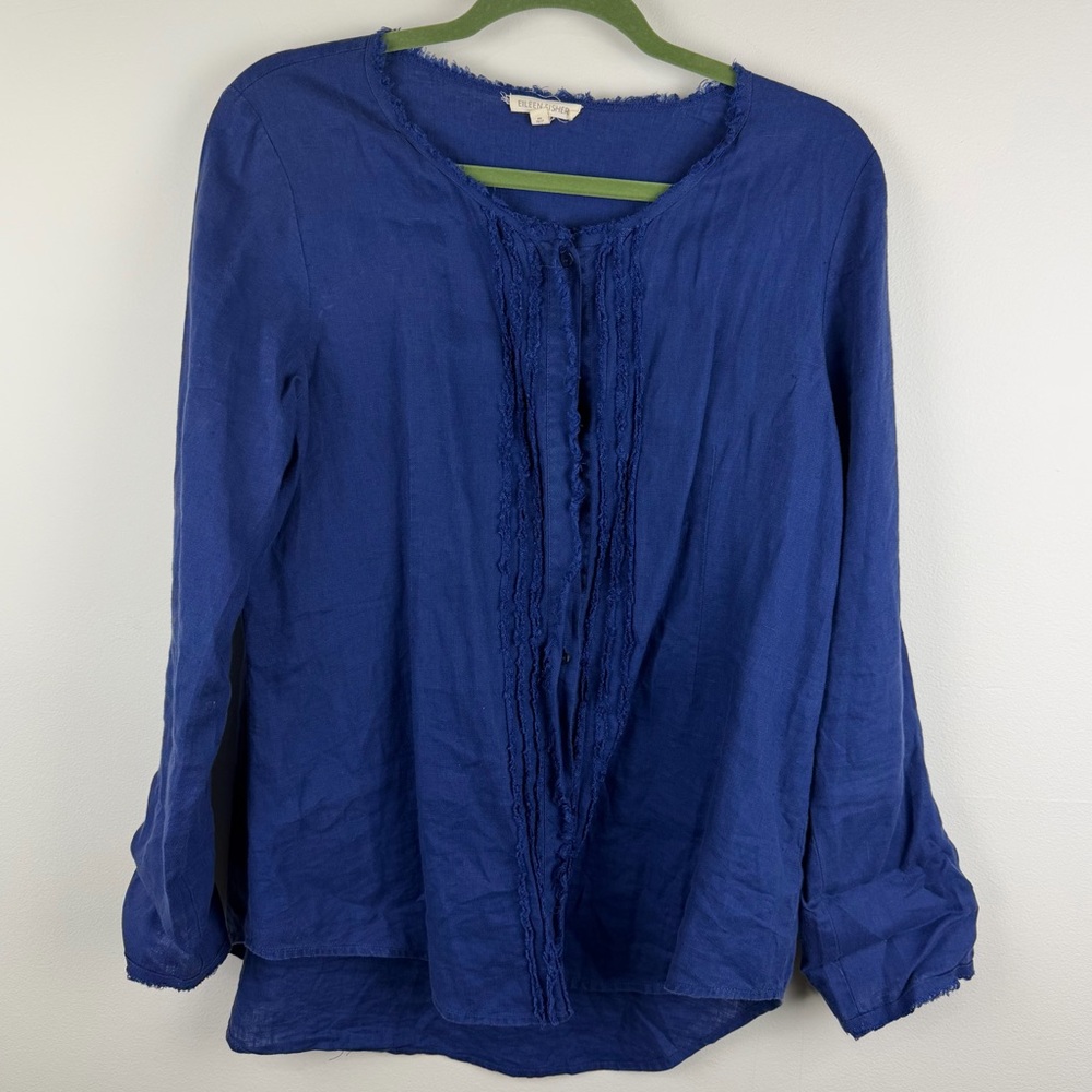 Eileen Fisher Irish Linen Button Front Blouse Blue Size M